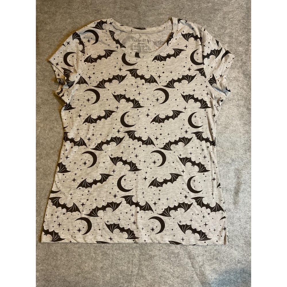 Wound Up Womens XXXL Gray Halloween Bat Moon Star Print T-Shirt Short Sleeve